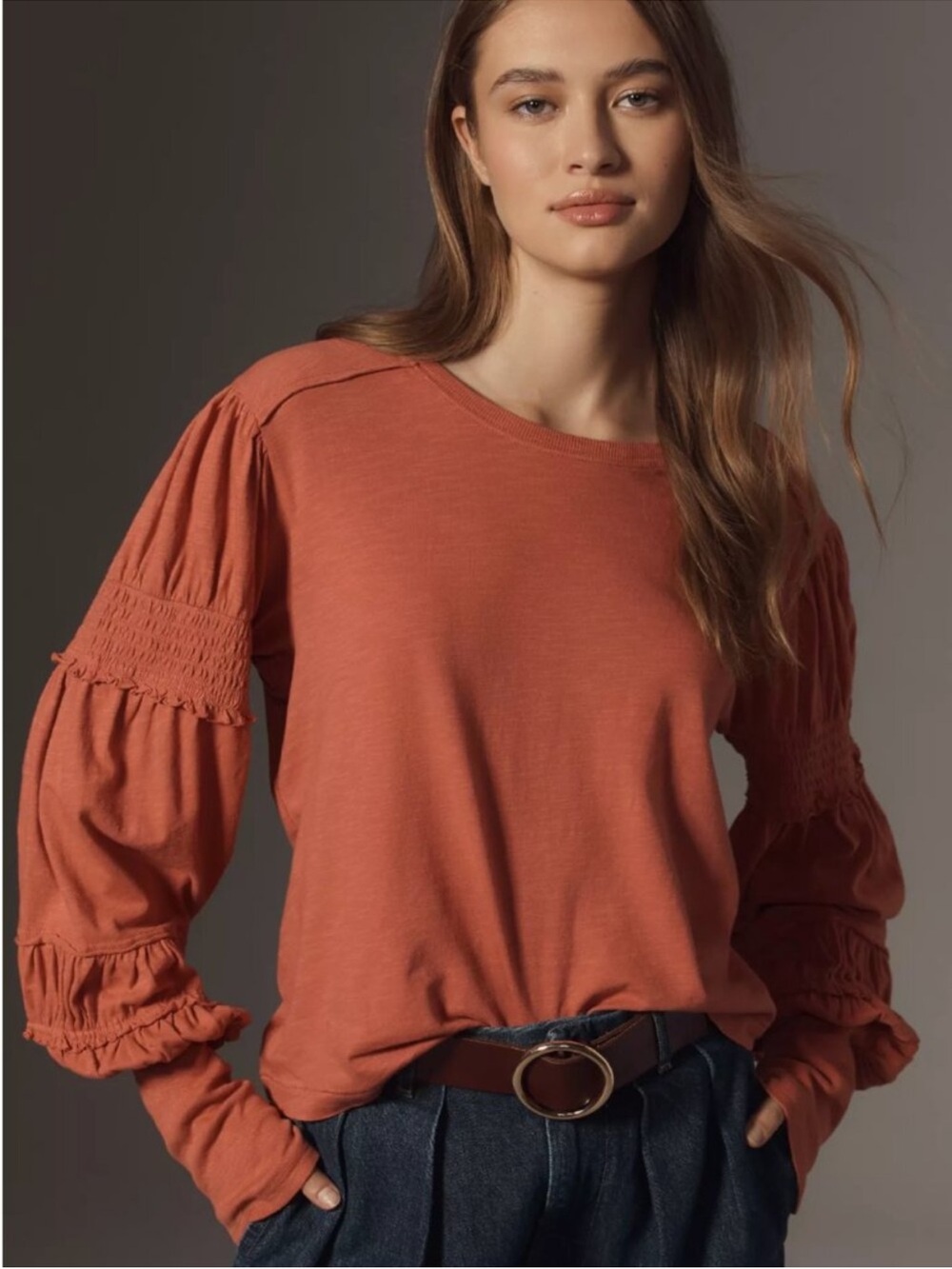 Anthropologie Pilcro Crew-Neck Ruched & Smocked-Sleeve Top Size XS 100% Cotton